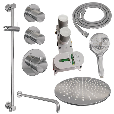 BRAUER Chrome Carving thermostatische inbouw regendouche SET 22 met 30 cm douchekop en gebogen muurarm en 3-standen handdouche en doucheslang en geïntegreerde glijstang chroom