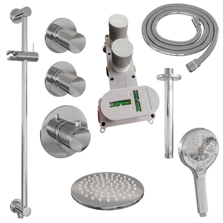 BRAUER Chrome Carving thermostatische inbouw regendouche SET 23 met 20 cm douchekop en plafondarm en 3-standen handdouche en doucheslang en geïntegreerde glijstang chroom