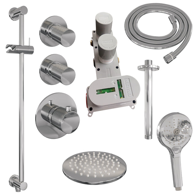 BRAUER Chrome Carving thermostatische inbouw regendouche SET 23 met 20 cm douchekop en plafondarm en 3-standen handdouche en doucheslang en geïntegreerde glijstang chroom