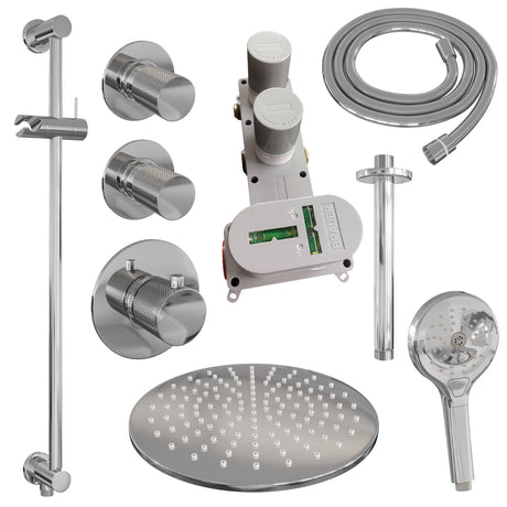 BRAUER Chrome Carving thermostatische inbouw regendouche SET 24 met 30 cm douchekop en plafondarm en 3-standen handdouche en doucheslang en geïntegreerde glijstang chroom