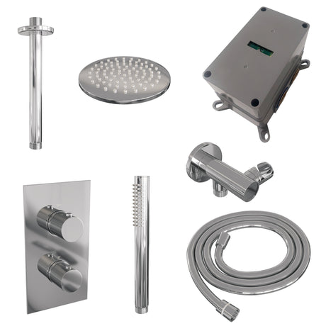 BRAUER Chrome Carving thermostatische inbouw regendouche 3-weg omstelling SET 29 met 20 cm douchekop en plafondarm en staaf handdouche en doucheslang en wandaansluitbocht chroom