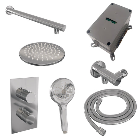BRAUER Chrome Carving thermostatische inbouw regendouche 3-weg omstelling SET 31 met 20 cm douchekop en rechte muurarm en 3-standen handdouche en doucheslang en wandaansluitbocht chroom