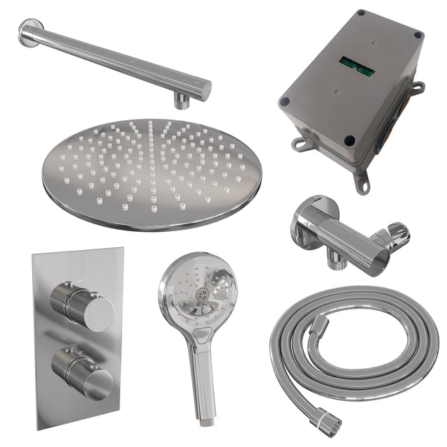BRAUER Chrome Carving thermostatische inbouw regendouche 3-weg omstelling SET 32 met 30 cm douchekop en rechte muurarm en 3-standen handdouche en doucheslang en wandaansluitbocht chroom