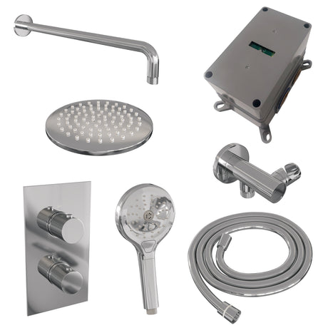 BRAUER Chrome Carving thermostatische inbouw regendouche 3-weg omstelling SET 33 met 20 cm douchekop en gebogen muurarm en 3-standen handdouche en doucheslang en wandaansluitbocht chroom