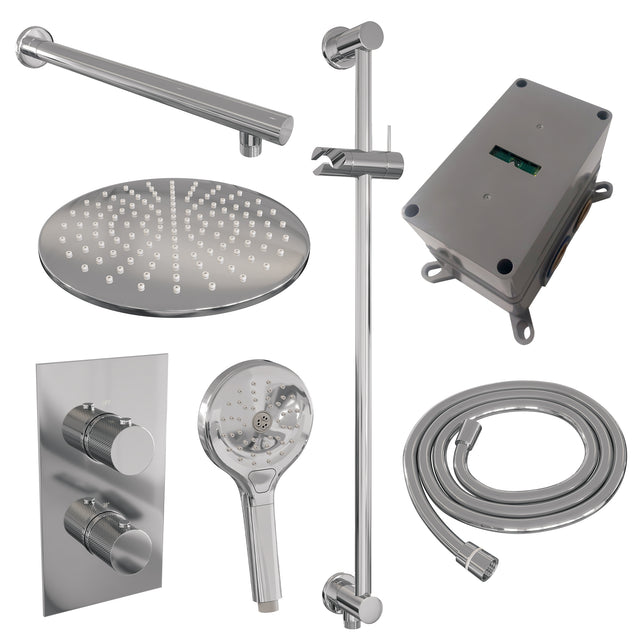 BRAUER Chrome Carving thermostatische inbouw regendouche 3-weg omstelling SET 44 met 30 cm douchekop en rechte muurarm en 3-standen handdouche en doucheslang en geïntegreerde glijstang chroom