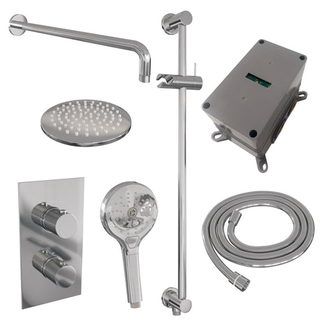 BRAUER Chrome Carving thermostatische inbouw regendouche 3-weg omstelling SET 45 met 20 cm douchekop en gebogen muurarm en 3-standen handdouche en doucheslang en geïntegreerde glijstang chroom