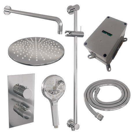 BRAUER Chrome Carving thermostatische inbouw regendouche 3-weg omstelling SET 46 met 30 cm douchekop en gebogen muurarm en 3-standen handdouche en doucheslang en geïntegreerde glijstang chroom