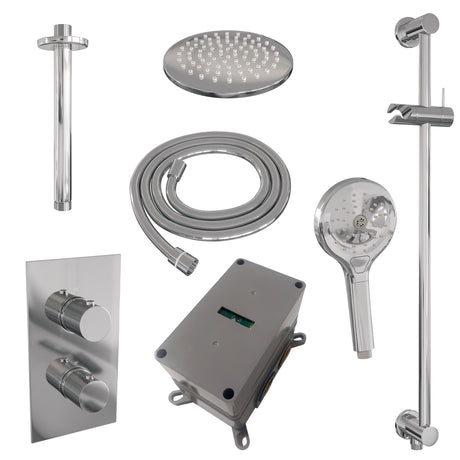 BRAUER Chrome Carving thermostatische inbouw regendouche 3-weg omstelling SET 47 met 20 cm douchekop en plafondarm en 3-standen handdouche en doucheslang en geïntegreerde glijstang chroom