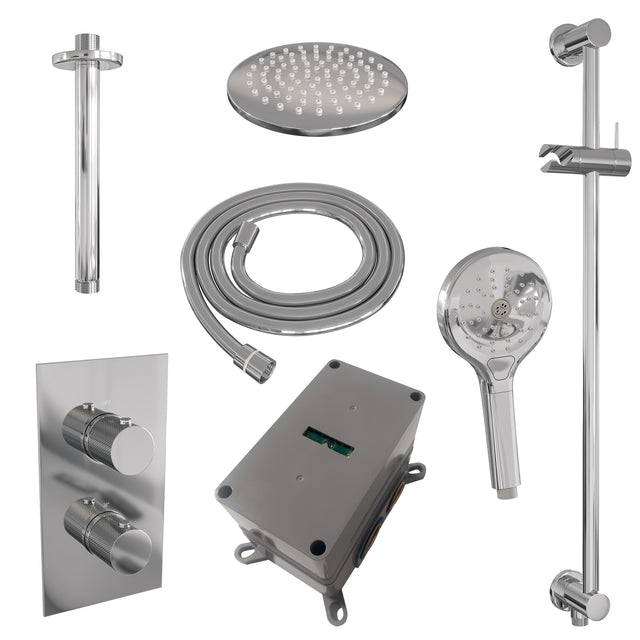 BRAUER Chrome Carving thermostatische inbouw regendouche 3-weg omstelling SET 47 met 20 cm douchekop en plafondarm en 3-standen handdouche en doucheslang en geïntegreerde glijstang chroom
