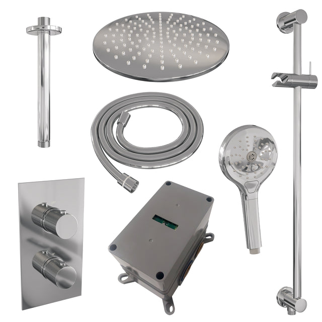 BRAUER Chrome Carving thermostatische inbouw regendouche 3-weg omstelling SET 48 met 30 cm douchekop en plafondarm en 3-standen handdouche en doucheslang en geïntegreerde glijstang chroom
