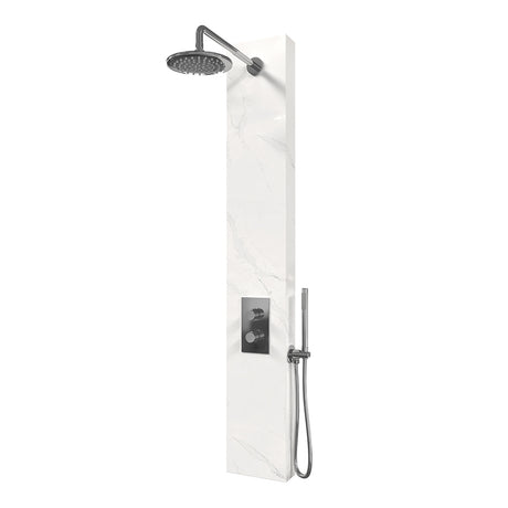 BRAUER Chrome Edition thermostatisch douchepaneel 2-weg omstelling calacatta gold SET 01 met 20 cm douchekop en gebogen muurarm en staaf handdouche en wandaansluitbocht en doucheslang chroom