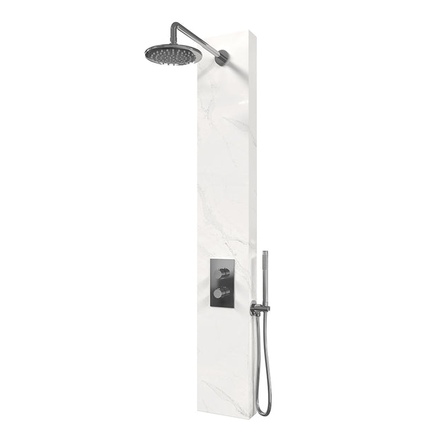 BRAUER Chrome Edition thermostatisch douchepaneel 2-weg omstelling calacatta gold SET 01 met 20 cm douchekop en gebogen muurarm en staaf handdouche en wandaansluitbocht en doucheslang chroom