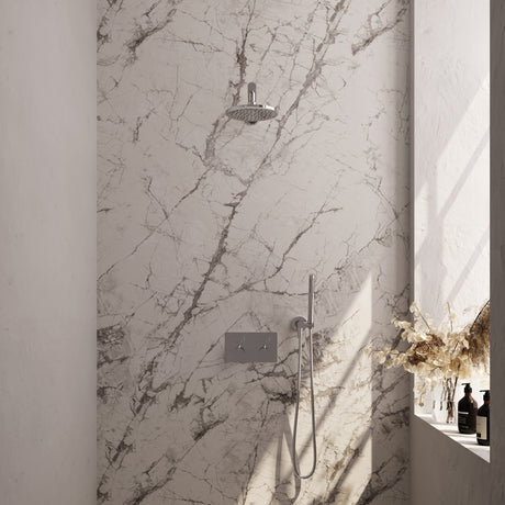 BRAUER Chrome Edition thermostatische inbouw regendouche met drukknoppen SET 49 met 20 cm douchekop en rechte muurarm en staaf handdouche en doucheslang en wandaansluitbocht chroom