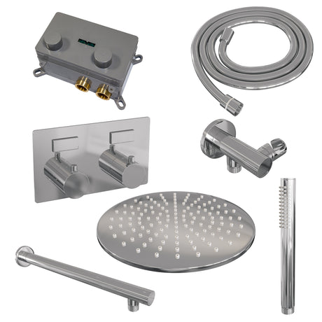 BRAUER Chrome Edition thermostatische inbouw regendouche met drukknoppen SET 50 met 30 cm douchekop en rechte muurarm en staaf handdouche en doucheslang en wandaansluitbocht chroom