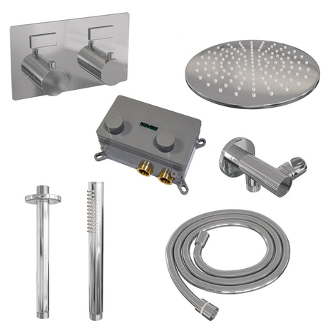 BRAUER Chrome Edition thermostatische inbouw regendouche met drukknoppen SET 54 met 30 cm douchekop en plafondarm en staaf handdouche en doucheslang en wandaansluitbocht chroom