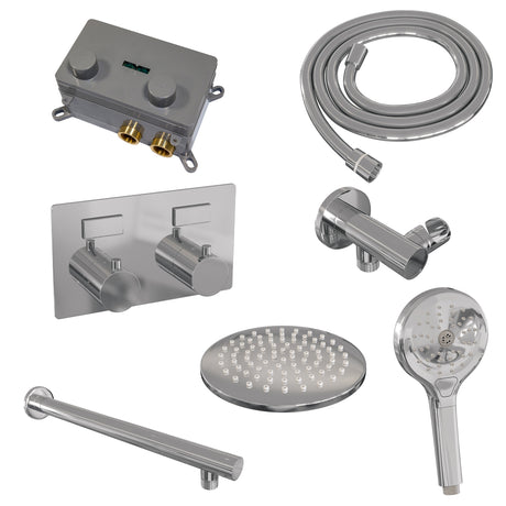 BRAUER Chrome Edition thermostatische inbouw regendouche met drukknoppen SET 55 met 20 cm douchekop en rechte muurarm en 3-standen handdouche en doucheslang en wandaansluitbocht chroom