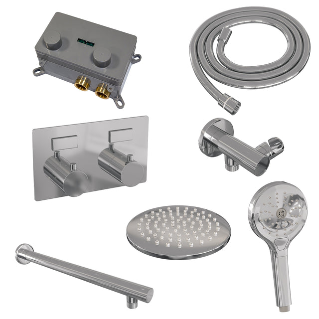 BRAUER Chrome Edition thermostatische inbouw regendouche met drukknoppen SET 55 met 20 cm douchekop en rechte muurarm en 3-standen handdouche en doucheslang en wandaansluitbocht chroom