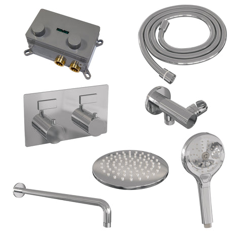 BRAUER Chrome Edition thermostatische inbouw regendouche met drukknoppen SET 57 met 20 cm douchekop en gebogen muurarm en 3-standen handdouche en doucheslang en wandaansluitbocht chroom
