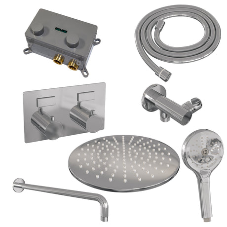 BRAUER Chrome Edition thermostatische inbouw regendouche met drukknoppen SET 58 met 30 cm douchekop en gebogen muurarm en 3-standen handdouche en doucheslang en wandaansluitbocht chroom