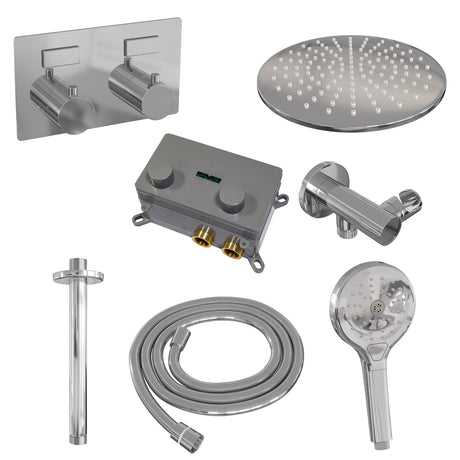 BRAUER Chrome Edition thermostatische inbouw regendouche met drukknoppen SET 60 met 30 cm douchekop en plafondarm en 3-standen handdouche en doucheslang en wandaansluitbocht chroom