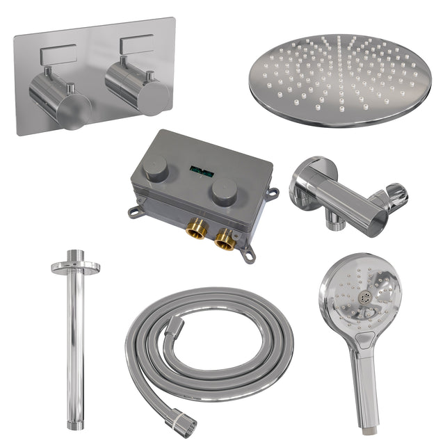 BRAUER Chrome Edition thermostatische inbouw regendouche met drukknoppen SET 60 met 30 cm douchekop en plafondarm en 3-standen handdouche en doucheslang en wandaansluitbocht chroom