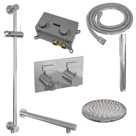 BRAUER Chrome Edition thermostatische inbouw regendouche met drukknoppen SET 61 met 20 cm douchekop en rechte muurarm en staaf handdouche en doucheslang en geïntegreerde glijstang chroom