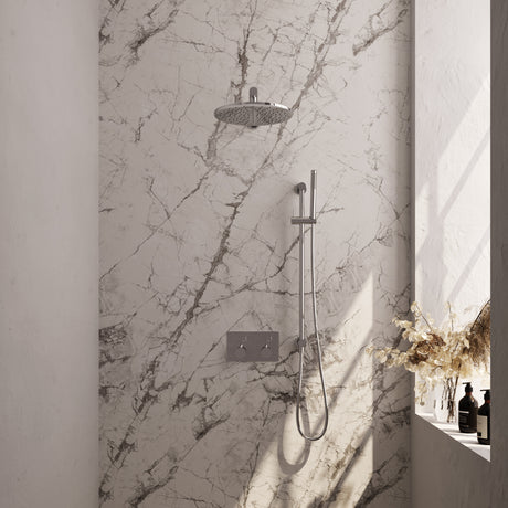 BRAUER Chrome Edition thermostatische inbouw regendouche met drukknoppen SET 62 met 30 cm douchekop en rechte muurarm en staaf handdouche en doucheslang en geïntegreerde glijstang chroom