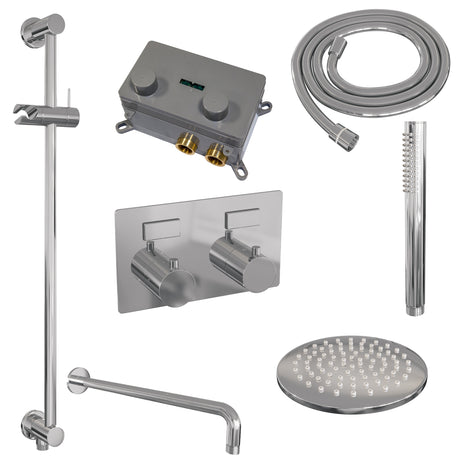 BRAUER Chrome Edition thermostatische inbouw regendouche met drukknoppen SET 63 met 20 cm douchekop en gebogen muurarm en staaf handdouche en doucheslang en geïntegreerde glijstang chroom
