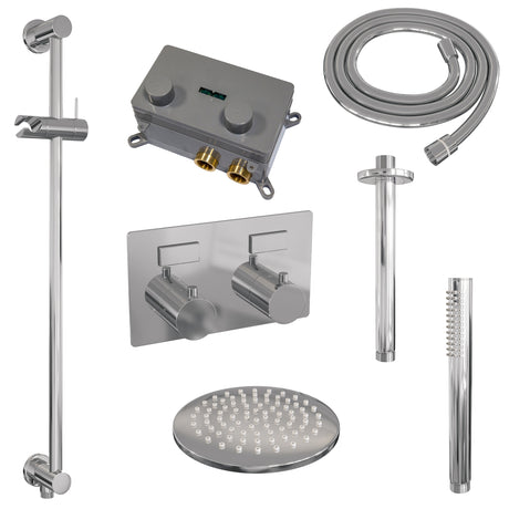 BRAUER Chrome Edition thermostatische inbouw regendouche met drukknoppen SET 65 met 20 cm douchekop en plafondarm en staaf handdouche en doucheslang en geïntegreerde glijstang chroom