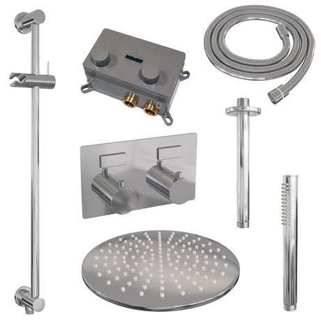 BRAUER Chrome Edition thermostatische inbouw regendouche met drukknoppen SET 66 met 30 cm douchekop en plafondarm en staaf handdouche en doucheslang en geïntegreerde glijstang chroom