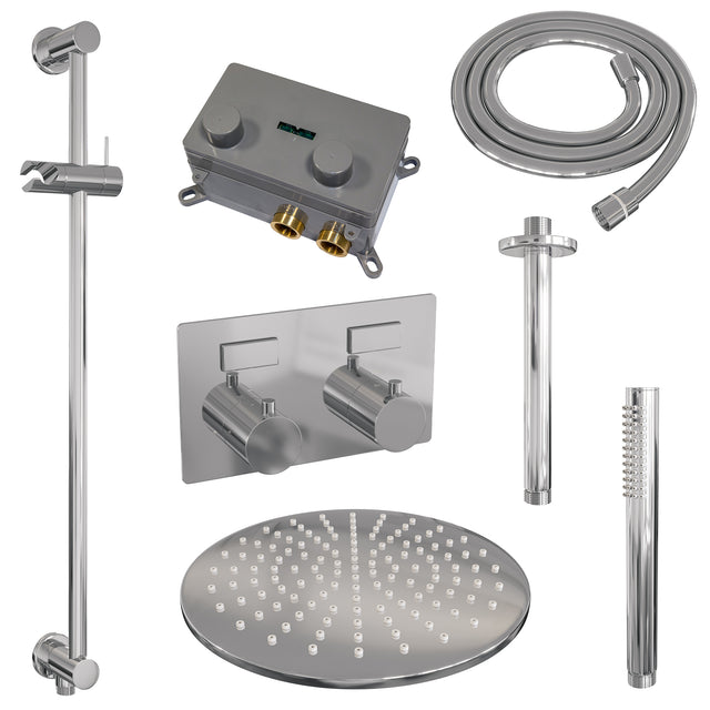 BRAUER Chrome Edition thermostatische inbouw regendouche met drukknoppen SET 66 met 30 cm douchekop en plafondarm en staaf handdouche en doucheslang en geïntegreerde glijstang chroom