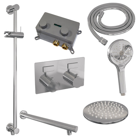 BRAUER Chrome Edition thermostatische inbouw regendouche met drukknoppen SET 67 met 20 cm douchekop en rechte muurarm en 3-standen handdouche en doucheslang en geïntegreerde glijstang chroom