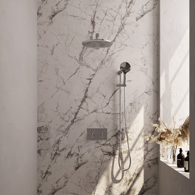 BRAUER Chrome Edition thermostatische inbouw regendouche met drukknoppen SET 68 met 30 cm douchekop en rechte muurarm en 3-standen handdouche en doucheslang en geïntegreerde glijstang chroom