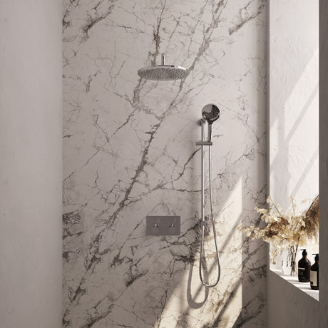 BRAUER Chrome Edition thermostatische inbouw regendouche met drukknoppen SET 70 met 30 cm douchekop en gebogen muurarm en 3-standen handdouche en doucheslang en geïntegreerde glijstang chroom