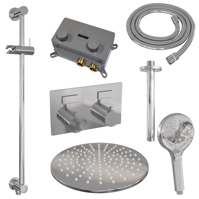 BRAUER Chrome Edition thermostatische inbouw regendouche met drukknoppen SET 72 met 30 cm douchekop en plafondarm en 3-standen handdouche en doucheslang en geïntegreerde glijstang chroom