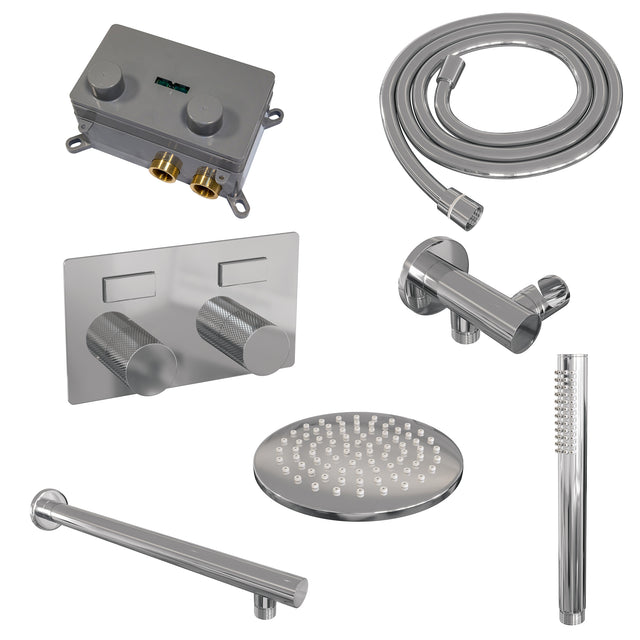 BRAUER Chrome Carving thermostatische inbouw regendouche met drukknoppen SET 49 met 20 cm douchekop en rechte muurarm en staaf handdouche en doucheslang en wandaansluitbocht chroom