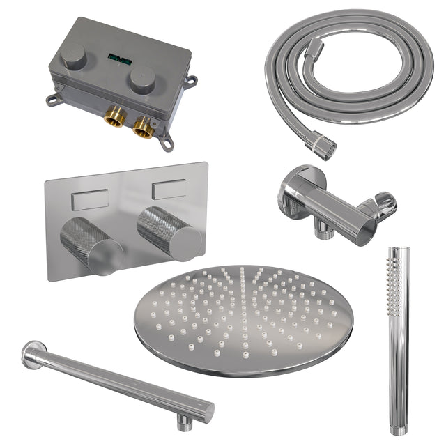 BRAUER Chrome Carving thermostatische inbouw regendouche met drukknoppen SET 50 met 30 cm douchekop en rechte muurarm en staaf handdouche en doucheslang en wandaansluitbocht chroom