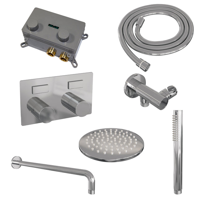 BRAUER Chrome Carving thermostatische inbouw regendouche met drukknoppen SET 51 met 20 cm douchekop en gebogen muurarm en staaf handdouche en doucheslang en wandaansluitbocht chroom
