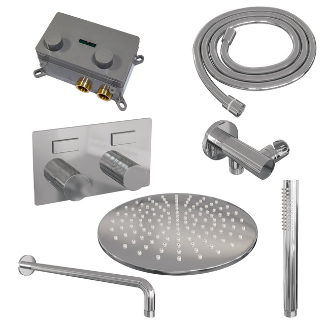 BRAUER Chrome Carving thermostatische inbouw regendouche met drukknoppen SET 52 met 30 cm douchekop en gebogen muurarm en staaf handdouche en doucheslang en wandaansluitbocht chroom