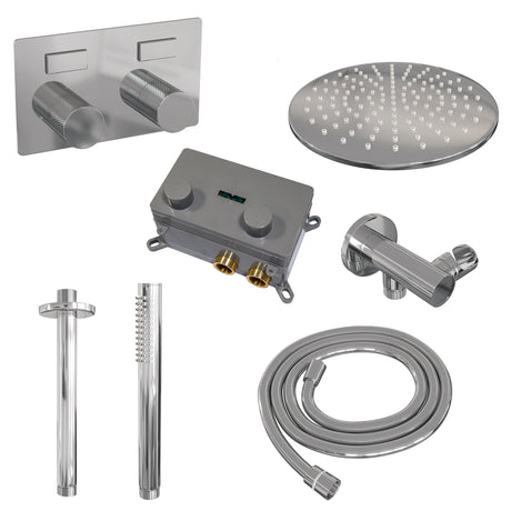 BRAUER Chrome Carving thermostatische inbouw regendouche met drukknoppen SET 54 met 30 cm douchekop en plafondarm en staaf handdouche en doucheslang en wandaansluitbocht chroom