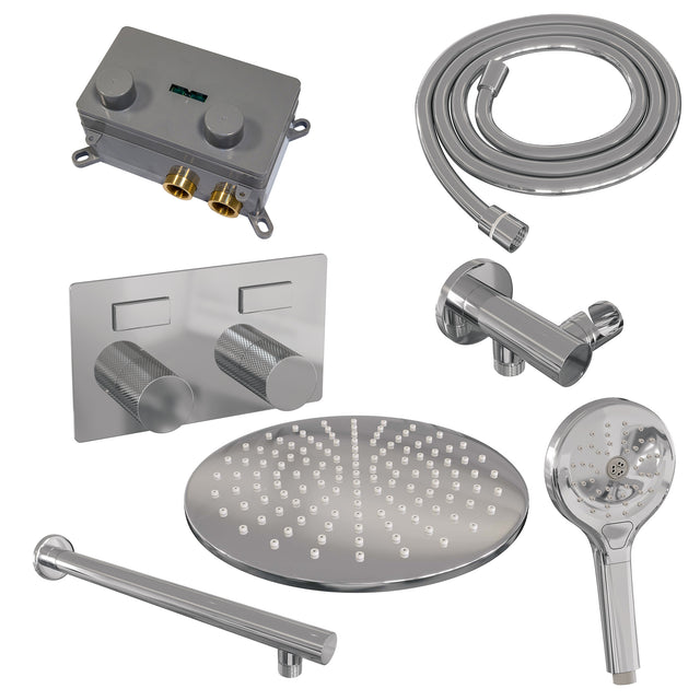 BRAUER Chrome Carving thermostatische inbouw regendouche met drukknoppen SET 56 met 30 cm douchekop en rechte muurarm en 3-standen handdouche en doucheslang en wandaansluitbocht chroom