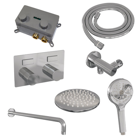 BRAUER Chrome Carving thermostatische inbouw regendouche met drukknoppen SET 57 met 20 cm douchekop en gebogen muurarm en 3-standen handdouche en doucheslang en wandaansluitbocht chroom
