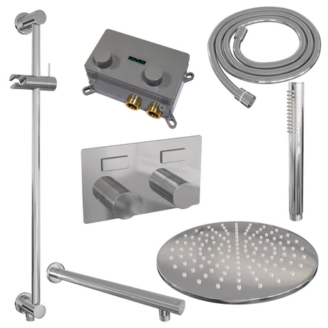 BRAUER Chrome Carving thermostatische inbouw regendouche met drukknoppen SET 62 met 30 cm douchekop en rechte muurarm en staaf handdouche en doucheslang en geïntegreerde glijstang chroom