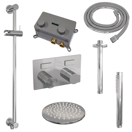 BRAUER Chrome Carving thermostatische inbouw regendouche met drukknoppen SET 65 met 20 cm douchekop en plafondarm en staaf handdouche en doucheslang en geïntegreerde glijstang chroom