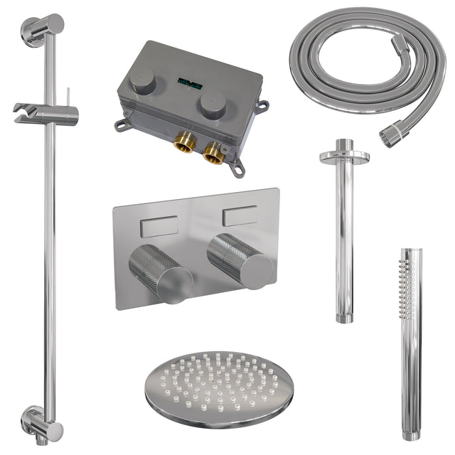 BRAUER Chrome Carving thermostatische inbouw regendouche met drukknoppen SET 65 met 20 cm douchekop en plafondarm en staaf handdouche en doucheslang en geïntegreerde glijstang chroom