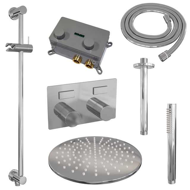 BRAUER Chrome Carving thermostatische inbouw regendouche met drukknoppen SET 66 met 30 cm douchekop en plafondarm en staaf handdouche en doucheslang en geïntegreerde glijstang chroom