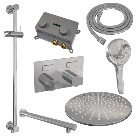 BRAUER Chrome Carving thermostatische inbouw regendouche met drukknoppen SET 68 met 30 cm douchekop en rechte muurarm en 3-standen handdouche en doucheslang en geïntegreerde glijstang chroom