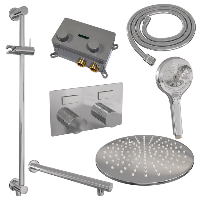 BRAUER Chrome Carving thermostatische inbouw regendouche met drukknoppen SET 68 met 30 cm douchekop en rechte muurarm en 3-standen handdouche en doucheslang en geïntegreerde glijstang chroom