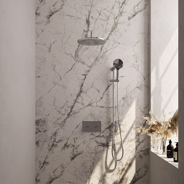 BRAUER Chrome Carving thermostatische inbouw regendouche met drukknoppen SET 70 met 30 cm douchekop en gebogen muurarm en 3-standen handdouche en doucheslang en geïntegreerde glijstang chroom
