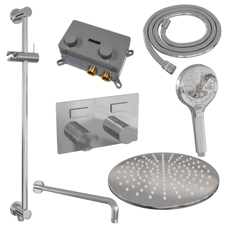 BRAUER Chrome Carving thermostatische inbouw regendouche met drukknoppen SET 70 met 30 cm douchekop en gebogen muurarm en 3-standen handdouche en doucheslang en geïntegreerde glijstang chroom